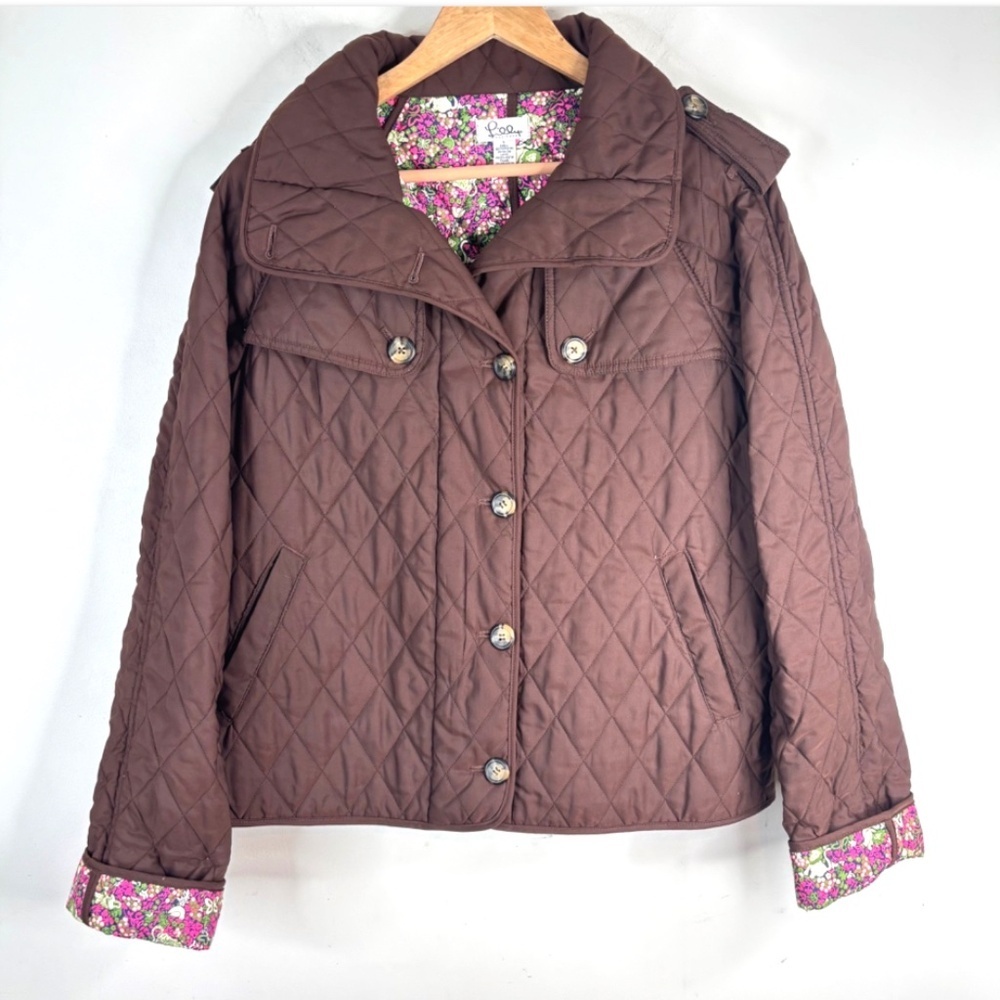 Lilly Pulitzer Brown Quilted Chore Coat L White Tag Lilly Jacket Floral Lining